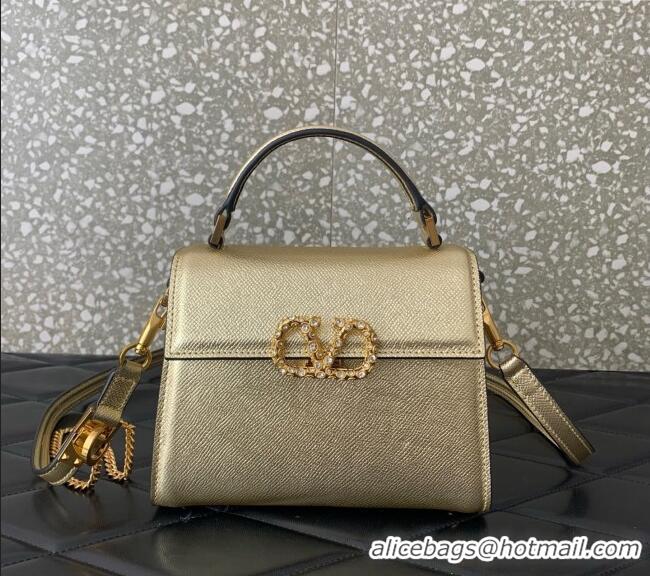 Best Quality Valentino VSLING Small Top Handle Bag in Laminated Grainy Calfskin with Jeweled VLogo 7010 Gold 2025
