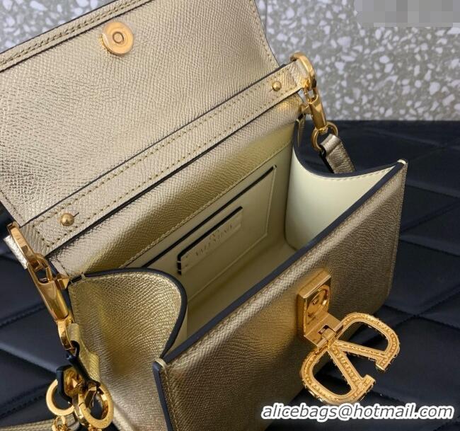 Best Quality Valentino VSLING Small Top Handle Bag in Laminated Grainy Calfskin with Jeweled VLogo 7010 Gold 2025