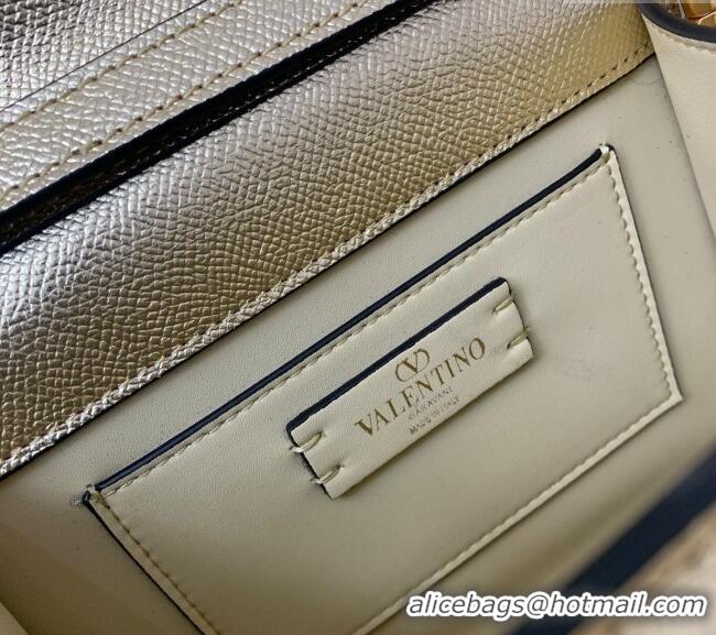 Best Quality Valentino VSLING Small Top Handle Bag in Laminated Grainy Calfskin with Jeweled VLogo 7010 Gold 2025