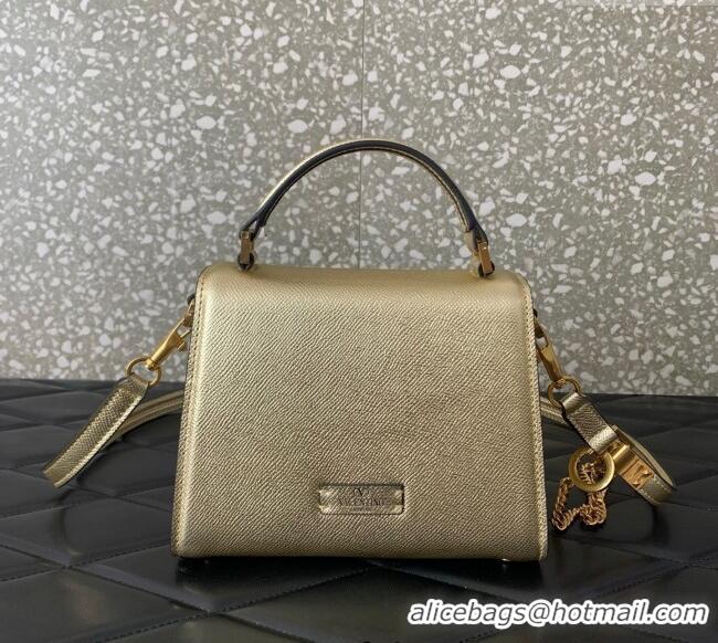 Best Quality Valentino VSLING Small Top Handle Bag in Laminated Grainy Calfskin with Jeweled VLogo 7010 Gold 2025