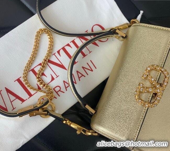 Best Quality Valentino VSLING Small Top Handle Bag in Laminated Grainy Calfskin with Jeweled VLogo 7010 Gold 2025