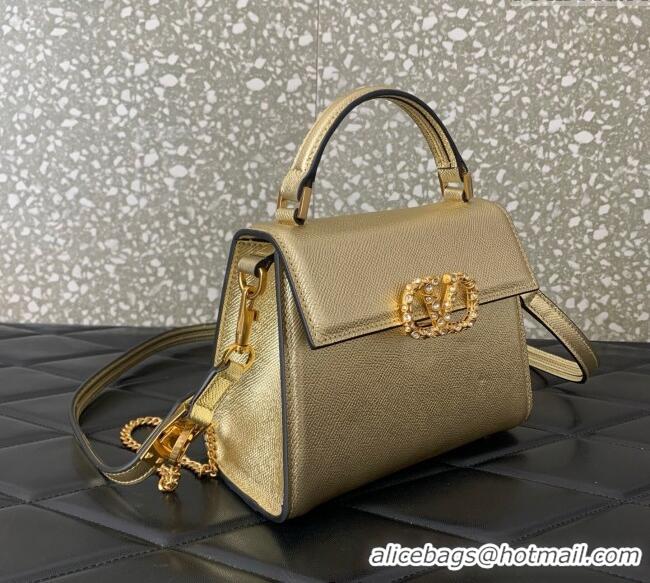 Best Quality Valentino VSLING Small Top Handle Bag in Laminated Grainy Calfskin with Jeweled VLogo 7010 Gold 2025