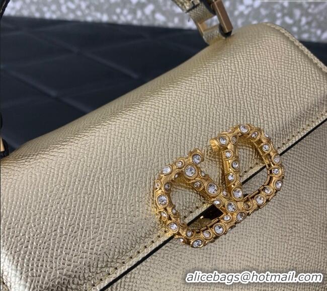 Best Quality Valentino VSLING Small Top Handle Bag in Laminated Grainy Calfskin with Jeweled VLogo 7010 Gold 2025