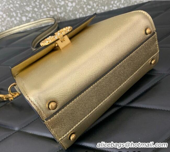 Best Quality Valentino VSLING Small Top Handle Bag in Laminated Grainy Calfskin with Jeweled VLogo 7010 Gold 2025