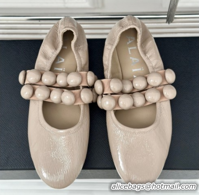 Unique Style Alaia Sphere Ballet Flats in Patent Leather with Double Strap Nude AL100808 1008043
