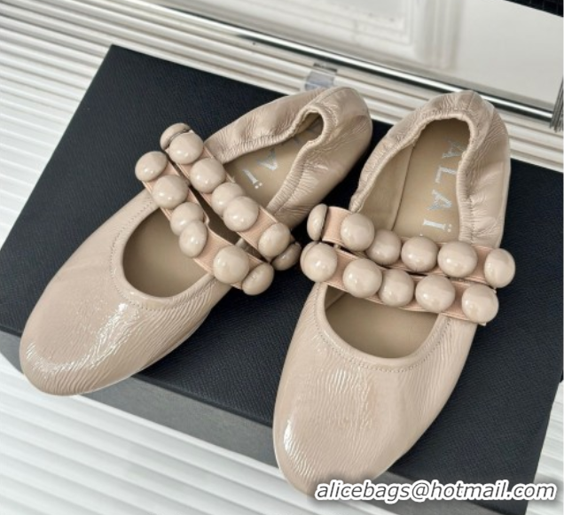 Unique Style Alaia Sphere Ballet Flats in Patent Leather with Double Strap Nude AL100808 1008043