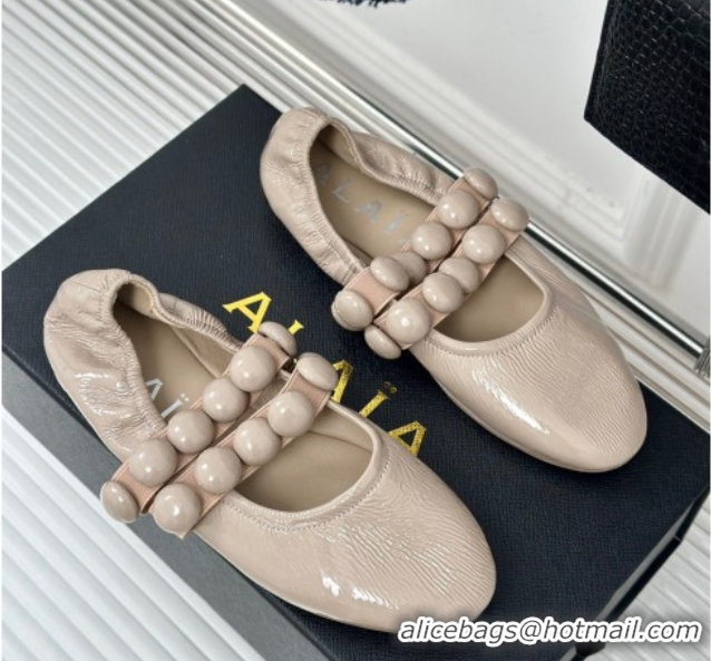 Unique Style Alaia Sphere Ballet Flats in Patent Leather with Double Strap Nude AL100808 1008043