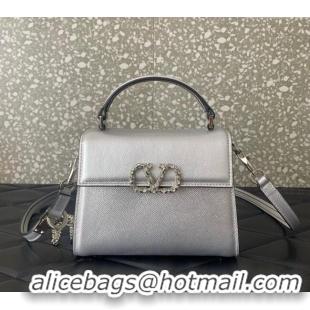 Top Quality Valentino VSLING Small Top Handle Bag in Laminated Grainy Calfskin with Jeweled VLogo 7010 Silver 2025