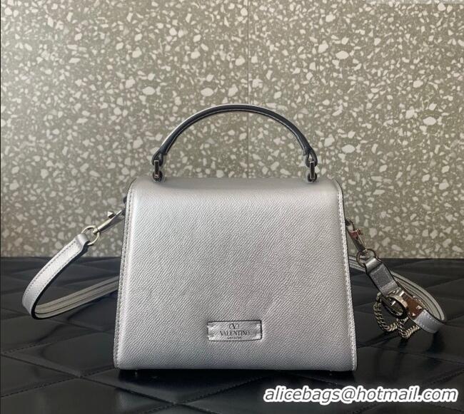 Top Quality Valentino VSLING Small Top Handle Bag in Laminated Grainy Calfskin with Jeweled VLogo 7010 Silver 2025
