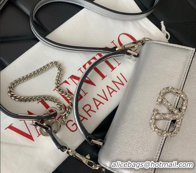 Top Quality Valentino VSLING Small Top Handle Bag in Laminated Grainy Calfskin with Jeweled VLogo 7010 Silver 2025