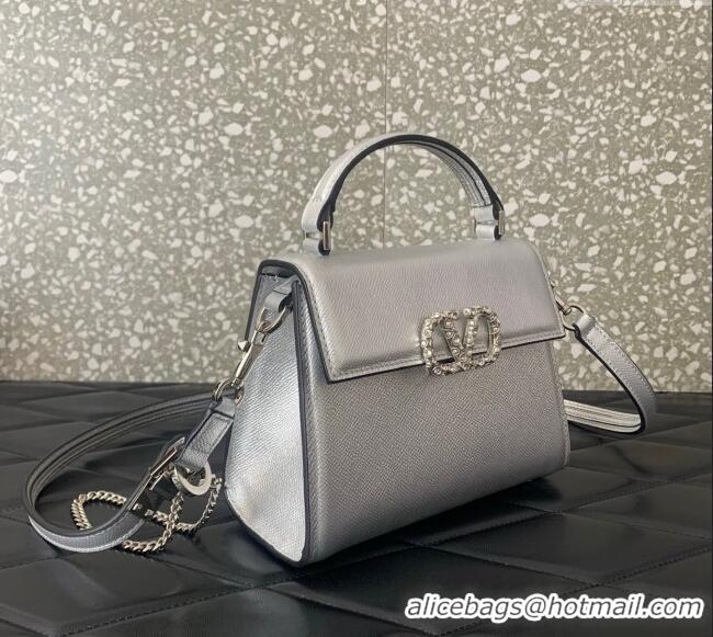 Top Quality Valentino VSLING Small Top Handle Bag in Laminated Grainy Calfskin with Jeweled VLogo 7010 Silver 2025