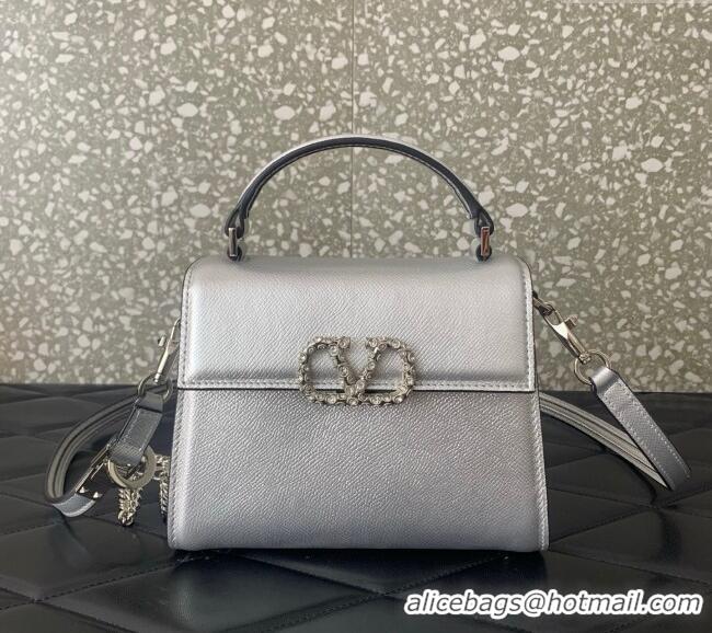 Top Quality Valentino VSLING Small Top Handle Bag in Laminated Grainy Calfskin with Jeweled VLogo 7010 Silver 2025