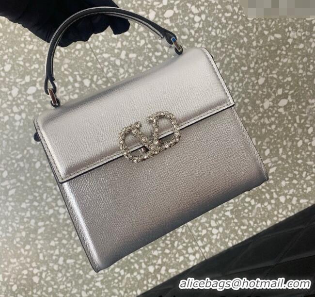 Top Quality Valentino VSLING Small Top Handle Bag in Laminated Grainy Calfskin with Jeweled VLogo 7010 Silver 2025