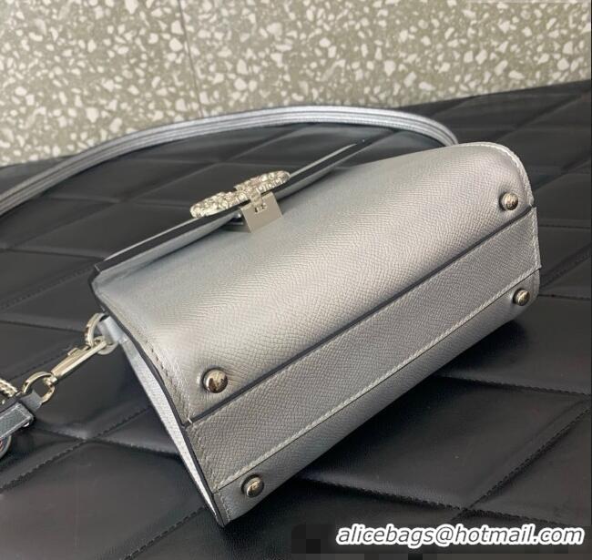 Top Quality Valentino VSLING Small Top Handle Bag in Laminated Grainy Calfskin with Jeweled VLogo 7010 Silver 2025