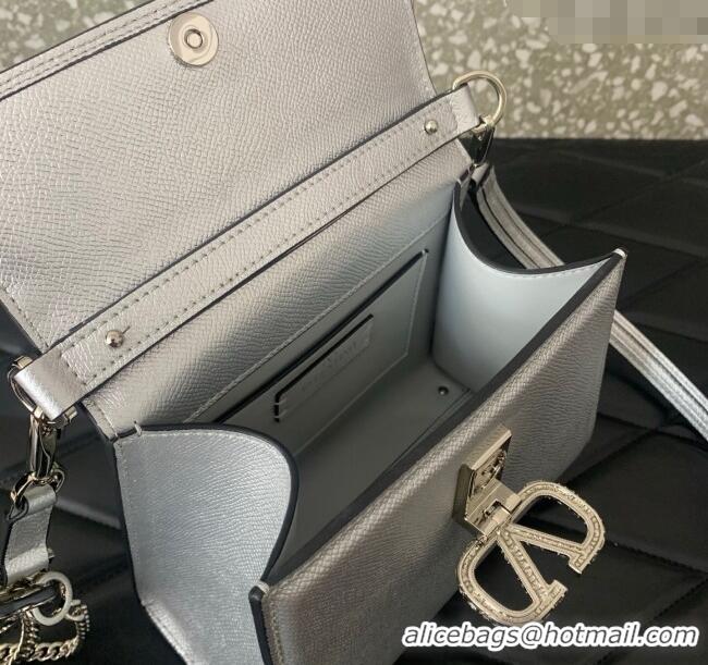 Top Quality Valentino VSLING Small Top Handle Bag in Laminated Grainy Calfskin with Jeweled VLogo 7010 Silver 2025