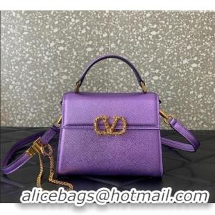 Good Product Valentino VSLING Small Top Handle Bag in Laminated Grainy Calfskin with Jeweled VLogo 7010 Purple 2025