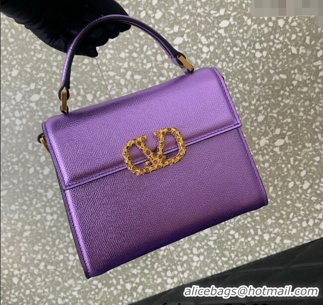 Good Product Valentino VSLING Small Top Handle Bag in Laminated Grainy Calfskin with Jeweled VLogo 7010 Purple 2025