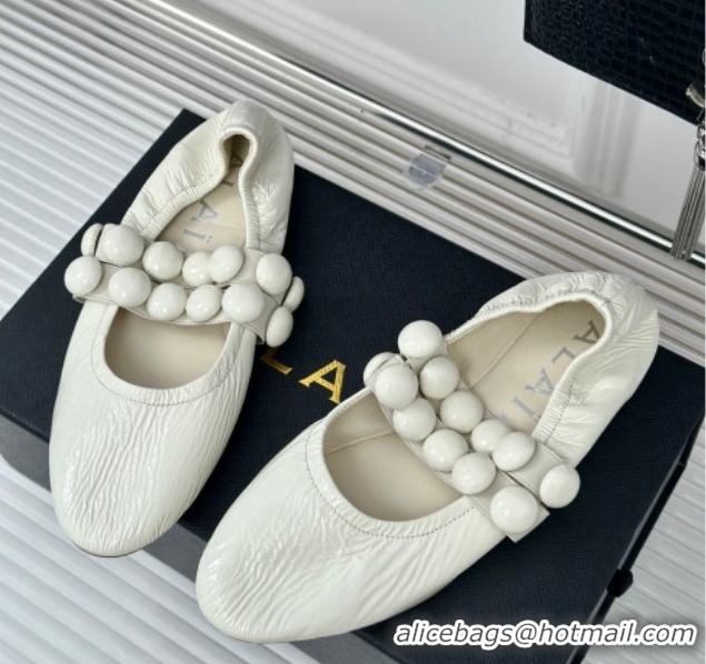 Buy Discount Alaia Sphere Ballet Flats in Patent Leather with Double Strap White AL100808 1008044