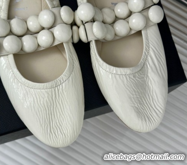 Buy Discount Alaia Sphere Ballet Flats in Patent Leather with Double Strap White AL100808 1008044
