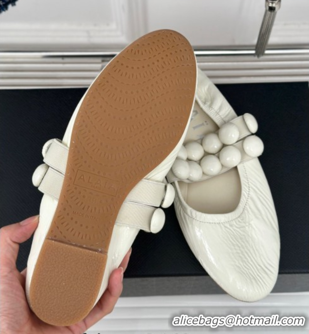 Buy Discount Alaia Sphere Ballet Flats in Patent Leather with Double Strap White AL100808 1008044