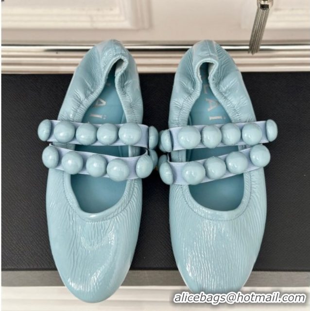 Classic Hot Alaia Sphere Ballet Flats in Patent Leather with Double Strap Light Blue AL100808 1008047