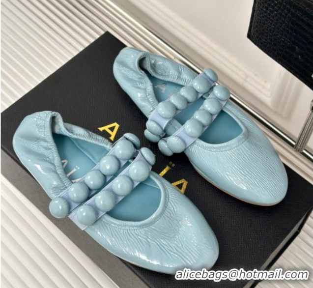 Classic Hot Alaia Sphere Ballet Flats in Patent Leather with Double Strap Light Blue AL100808 1008047
