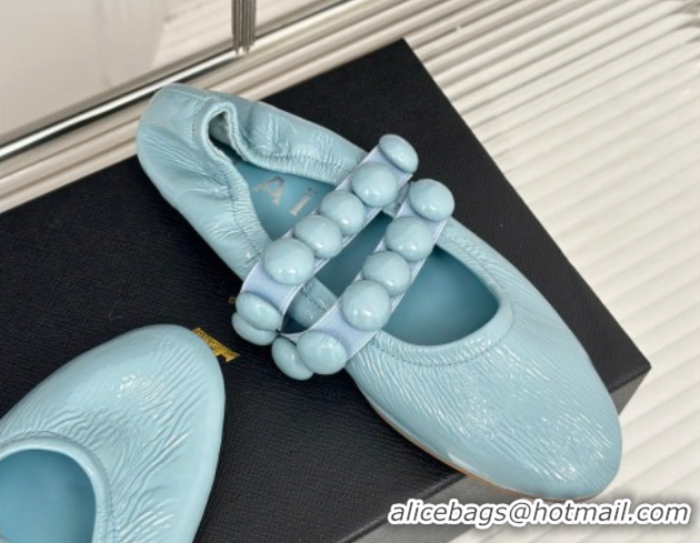 Classic Hot Alaia Sphere Ballet Flats in Patent Leather with Double Strap Light Blue AL100808 1008047
