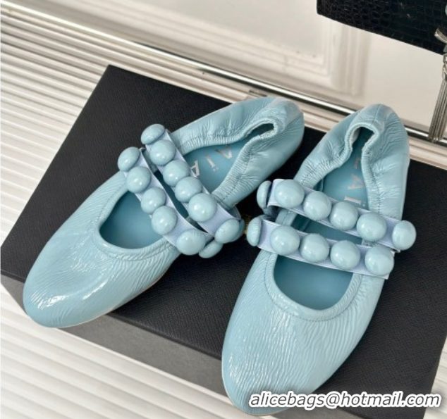 Classic Hot Alaia Sphere Ballet Flats in Patent Leather with Double Strap Light Blue AL100808 1008047