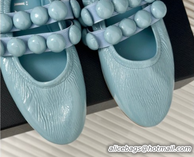 Classic Hot Alaia Sphere Ballet Flats in Patent Leather with Double Strap Light Blue AL100808 1008047