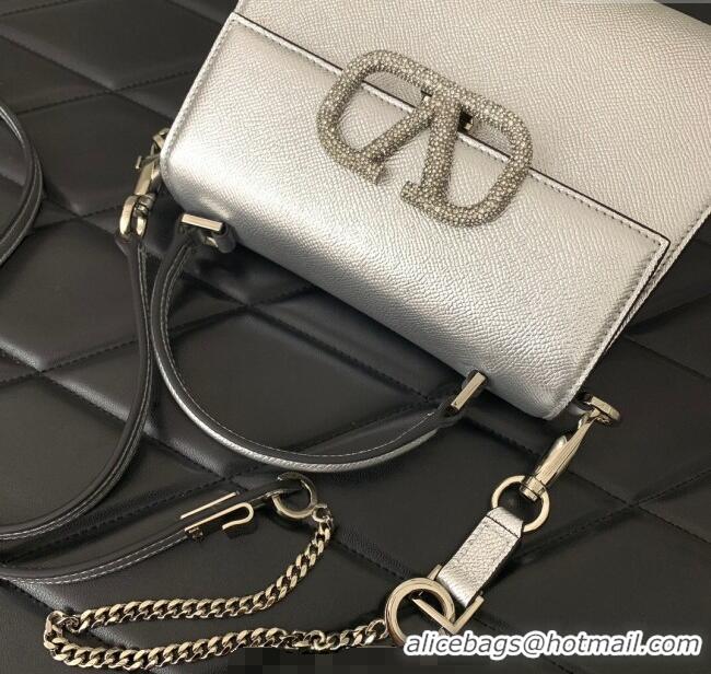 Promotional Valentino Small VSLING Grainy Calfskin Handbag with Strass 7020 Silver 2025