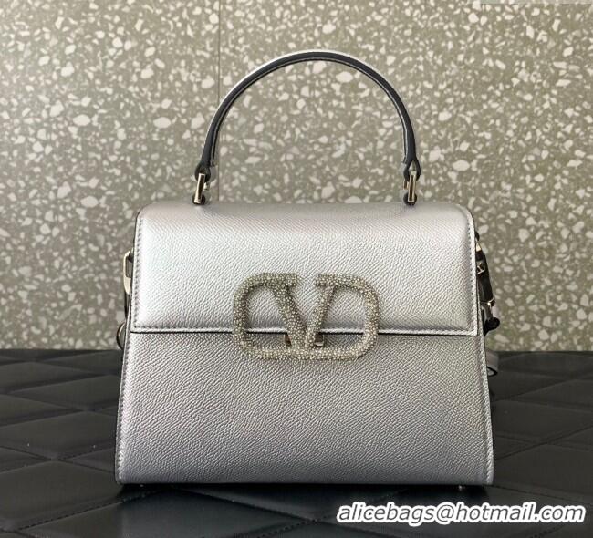 Promotional Valentino Small VSLING Grainy Calfskin Handbag with Strass 7020 Silver 2025
