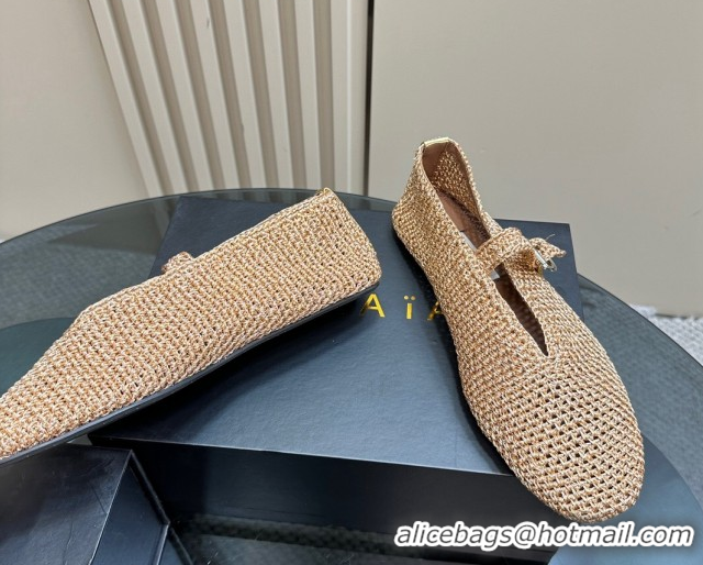 Sumptuous Alaia Woven Ballet Flats Gold Beige 1112001