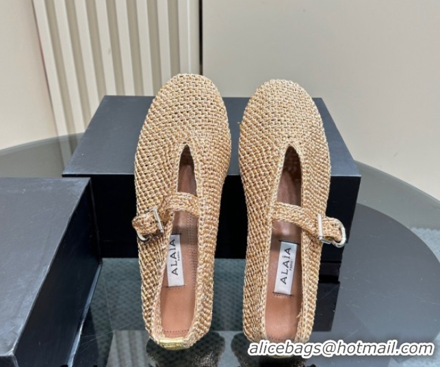 Sumptuous Alaia Woven Ballet Flats Gold Beige 1112001