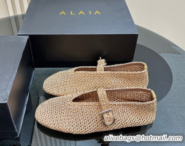 Sumptuous Alaia Woven Ballet Flats Gold Beige 1112001