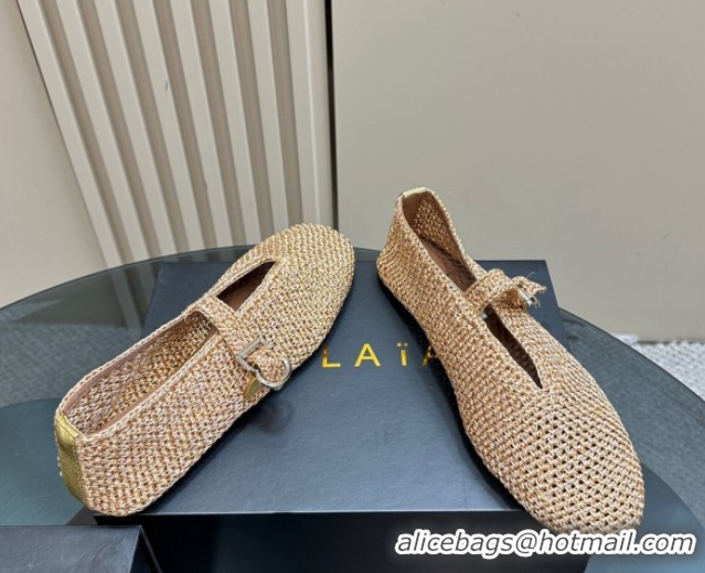 Sumptuous Alaia Woven Ballet Flats Gold Beige 1112001