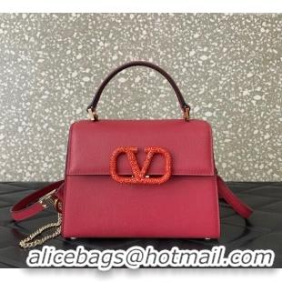 Best Price Valentino Small VSLING Grainy Calfskin Handbag with Strass 7020 Red 2025