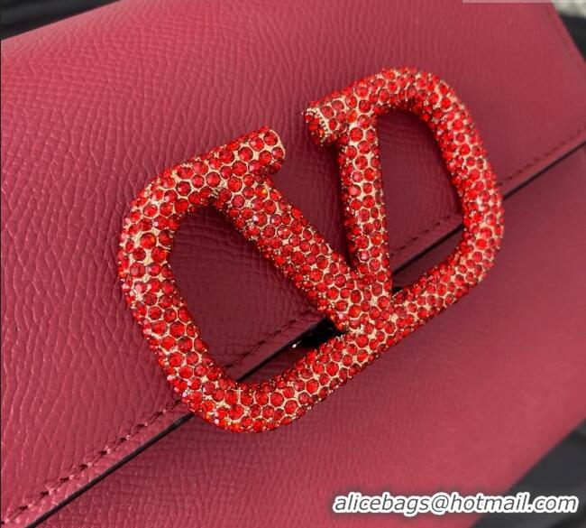 Best Price Valentino Small VSLING Grainy Calfskin Handbag with Strass 7020 Red 2025
