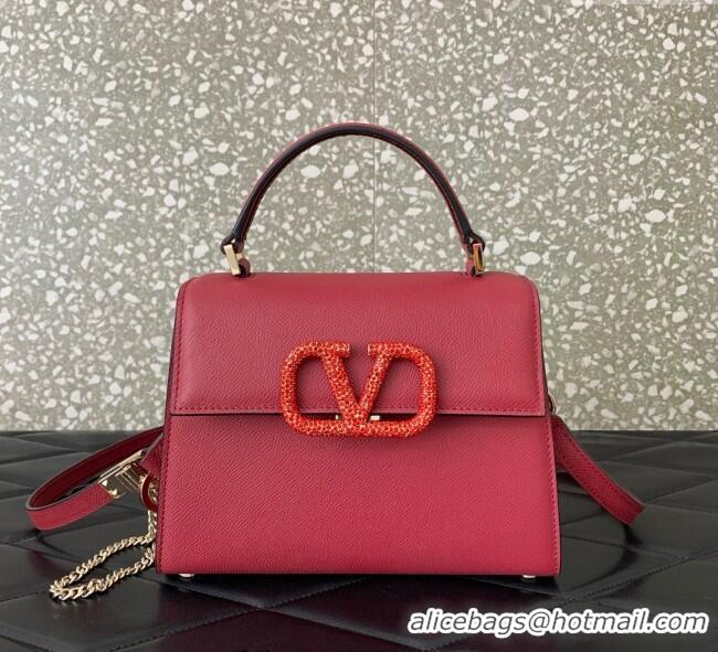 Best Price Valentino Small VSLING Grainy Calfskin Handbag with Strass 7020 Red 2025