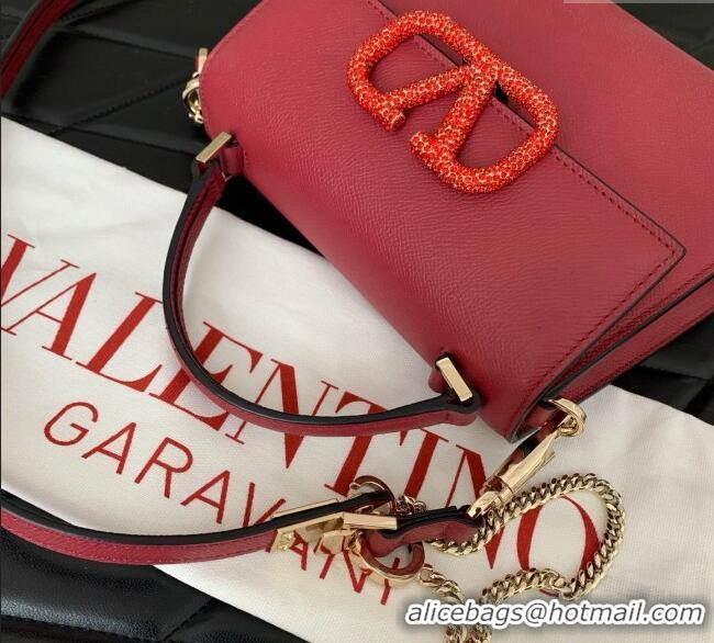 Best Price Valentino Small VSLING Grainy Calfskin Handbag with Strass 7020 Red 2025