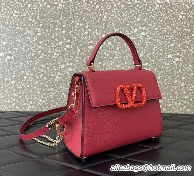 Best Price Valentino Small VSLING Grainy Calfskin Handbag with Strass 7020 Red 2025