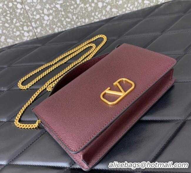 Luxury Cheap Valentino VLogo Signature Grainy Calfskin Wallet with Chain VLTN068 Dark Burgundy 2025