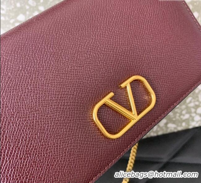 Luxury Cheap Valentino VLogo Signature Grainy Calfskin Wallet with Chain VLTN068 Dark Burgundy 2025