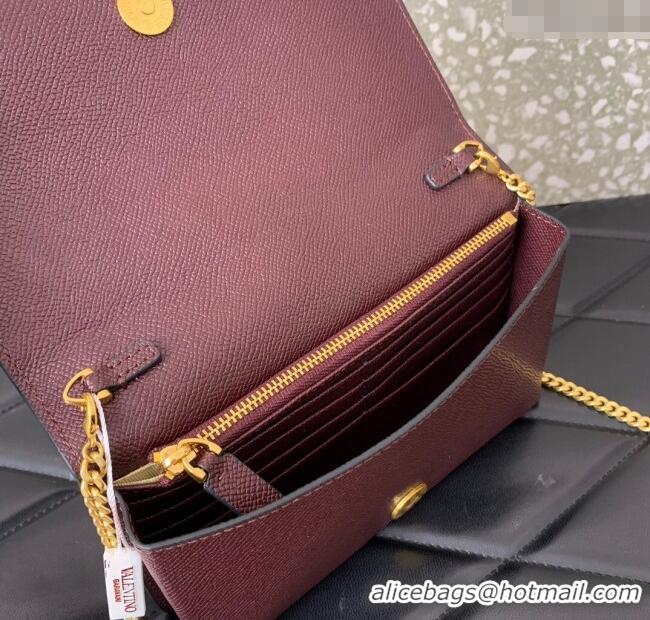 Luxury Cheap Valentino VLogo Signature Grainy Calfskin Wallet with Chain VLTN068 Dark Burgundy 2025