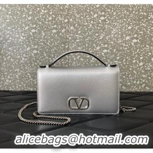 Well Crafted Valentino VLogo Signature Grainy Calfskin Wallet with Chain VLTN068 Silver 2025