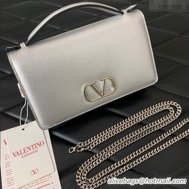 Well Crafted Valentino VLogo Signature Grainy Calfskin Wallet with Chain VLTN068 Silver 2025