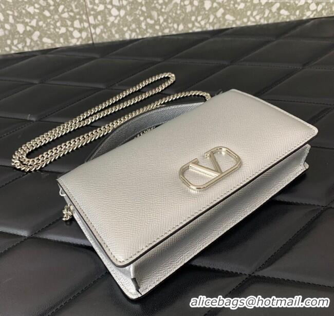 Well Crafted Valentino VLogo Signature Grainy Calfskin Wallet with Chain VLTN068 Silver 2025