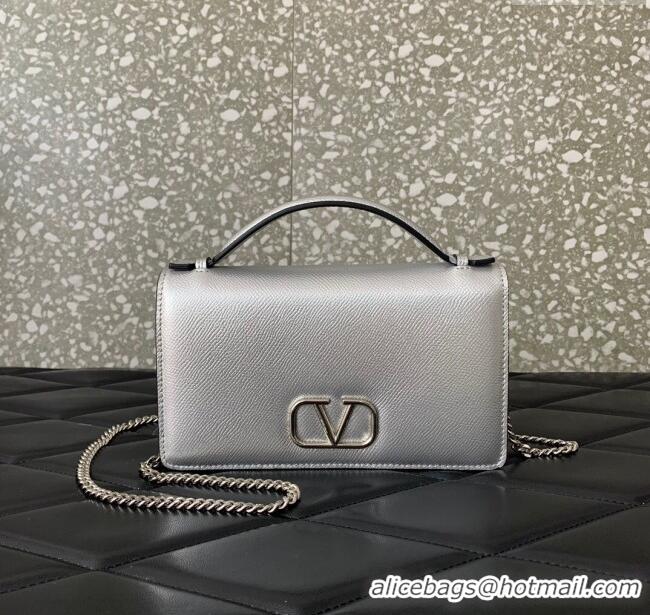 Well Crafted Valentino VLogo Signature Grainy Calfskin Wallet with Chain VLTN068 Silver 2025