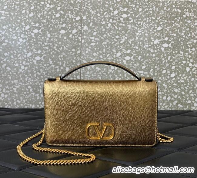 Luxury Cheap Valentino VLogo Signature Grainy Calfskin Wallet with Chain VLTN068 Gold Yellow 2025