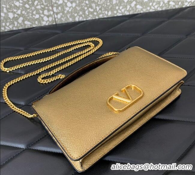 Luxury Cheap Valentino VLogo Signature Grainy Calfskin Wallet with Chain VLTN068 Gold Yellow 2025