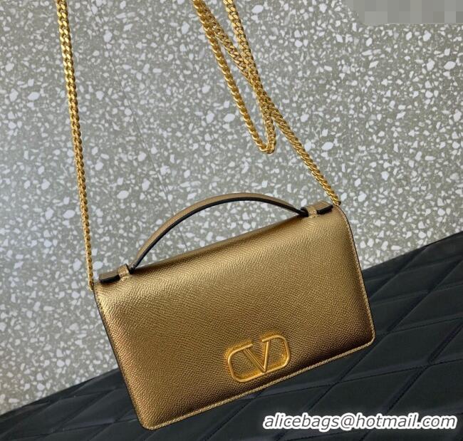 Luxury Cheap Valentino VLogo Signature Grainy Calfskin Wallet with Chain VLTN068 Gold Yellow 2025